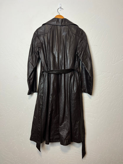 1970s Leather Trench Coat with Faux Fur Lining - M