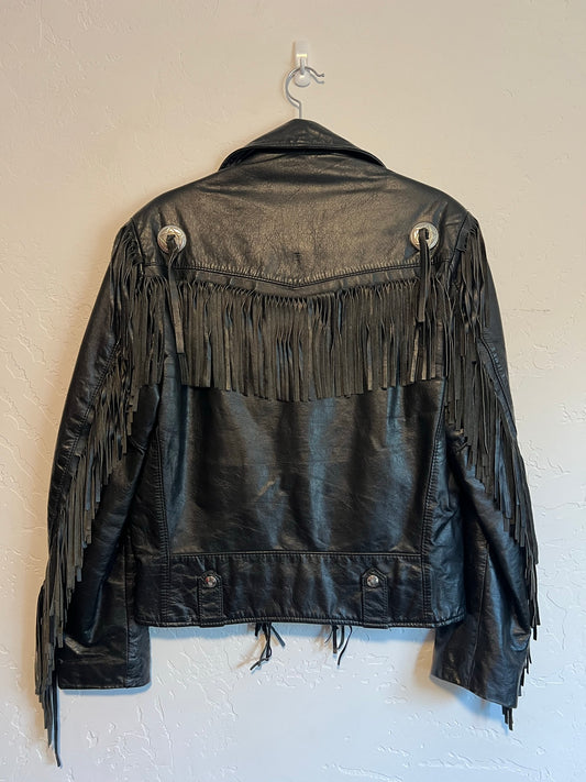 Excelled Black Leather Fringe Jacket with Silver Conchos - Size 36