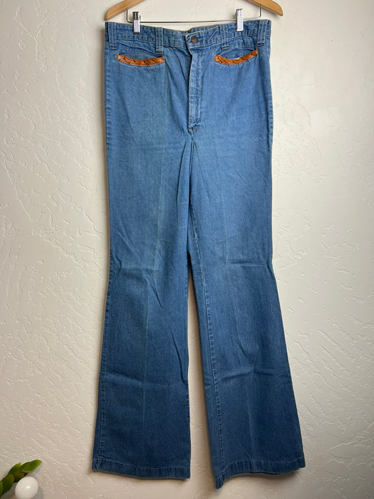 Vintage 70s Leather-Trim Bell Bottom Flares - 30