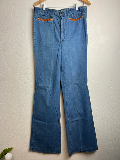 Vintage 70s Leather-Trim Bell Bottom Flares - 30