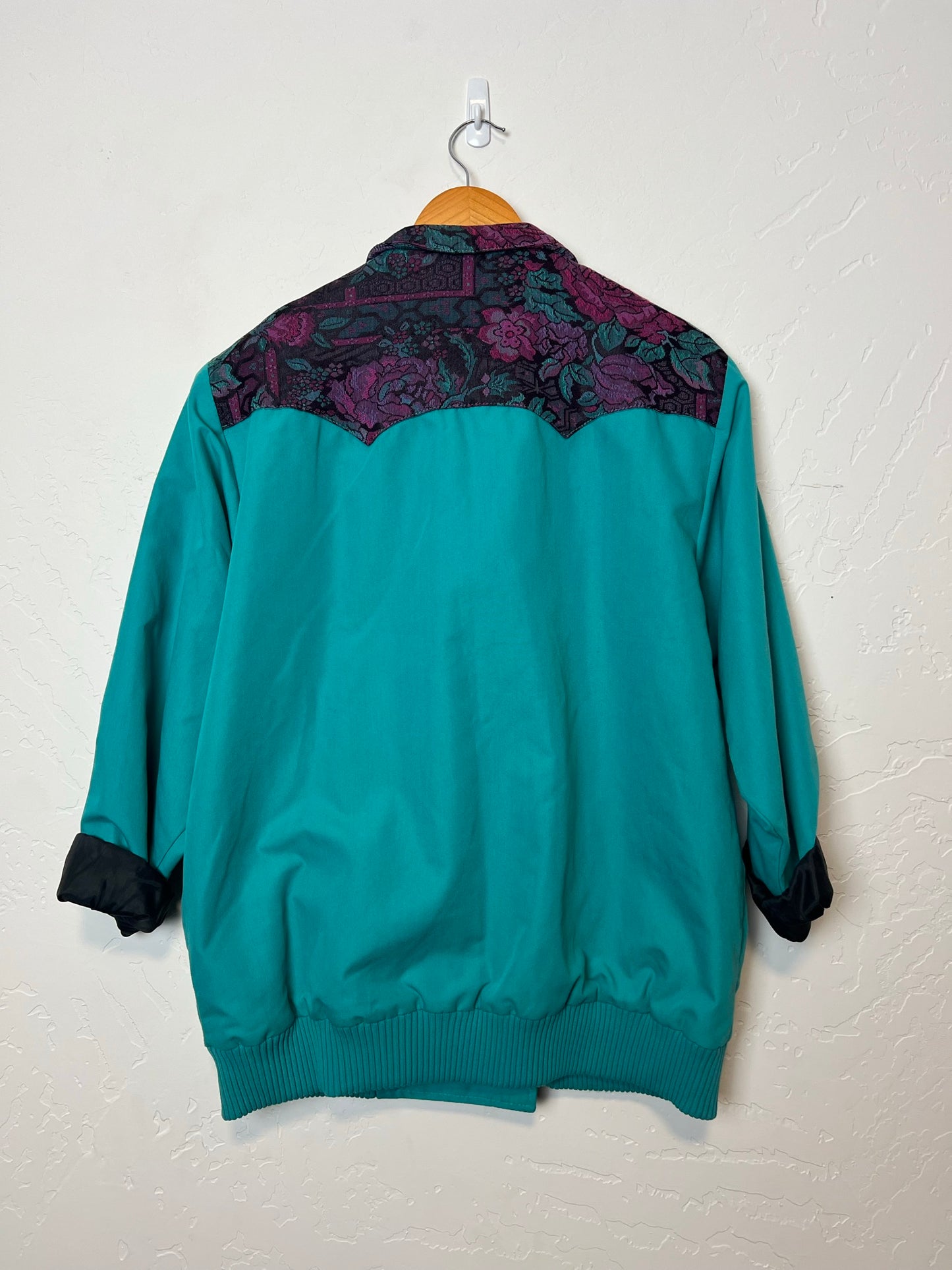 Cameo Rose Teal Bomber Jacket with Floral Lining - Size L