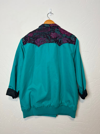 Cameo Rose Teal Bomber Jacket with Floral Lining - Size L