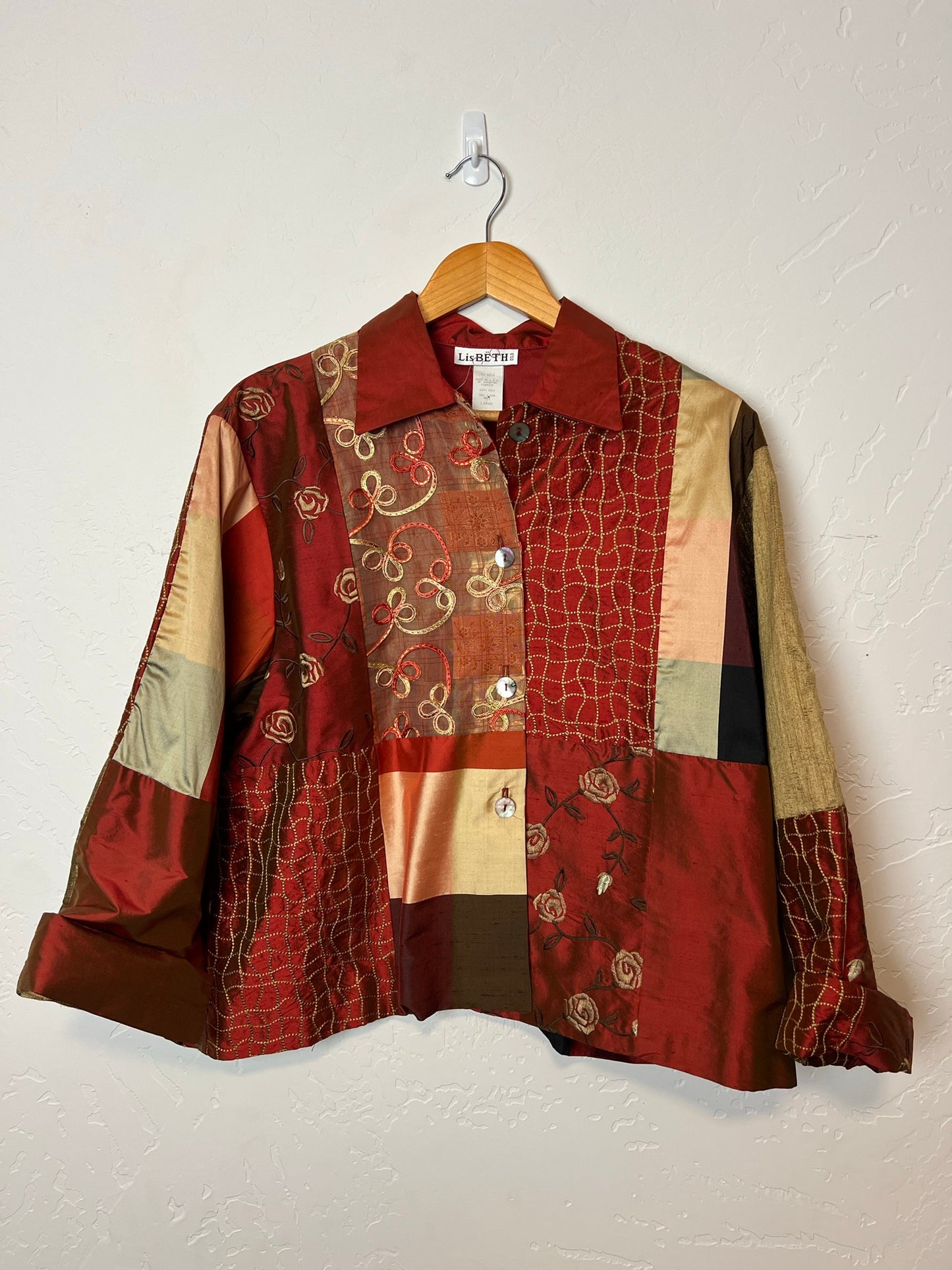 Lisbeth Patchwork Silk Buttonup in Burgundy Tones - Size L
