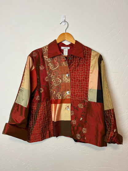 Lisbeth Patchwork Silk Buttonup in Burgundy Tones - Size L