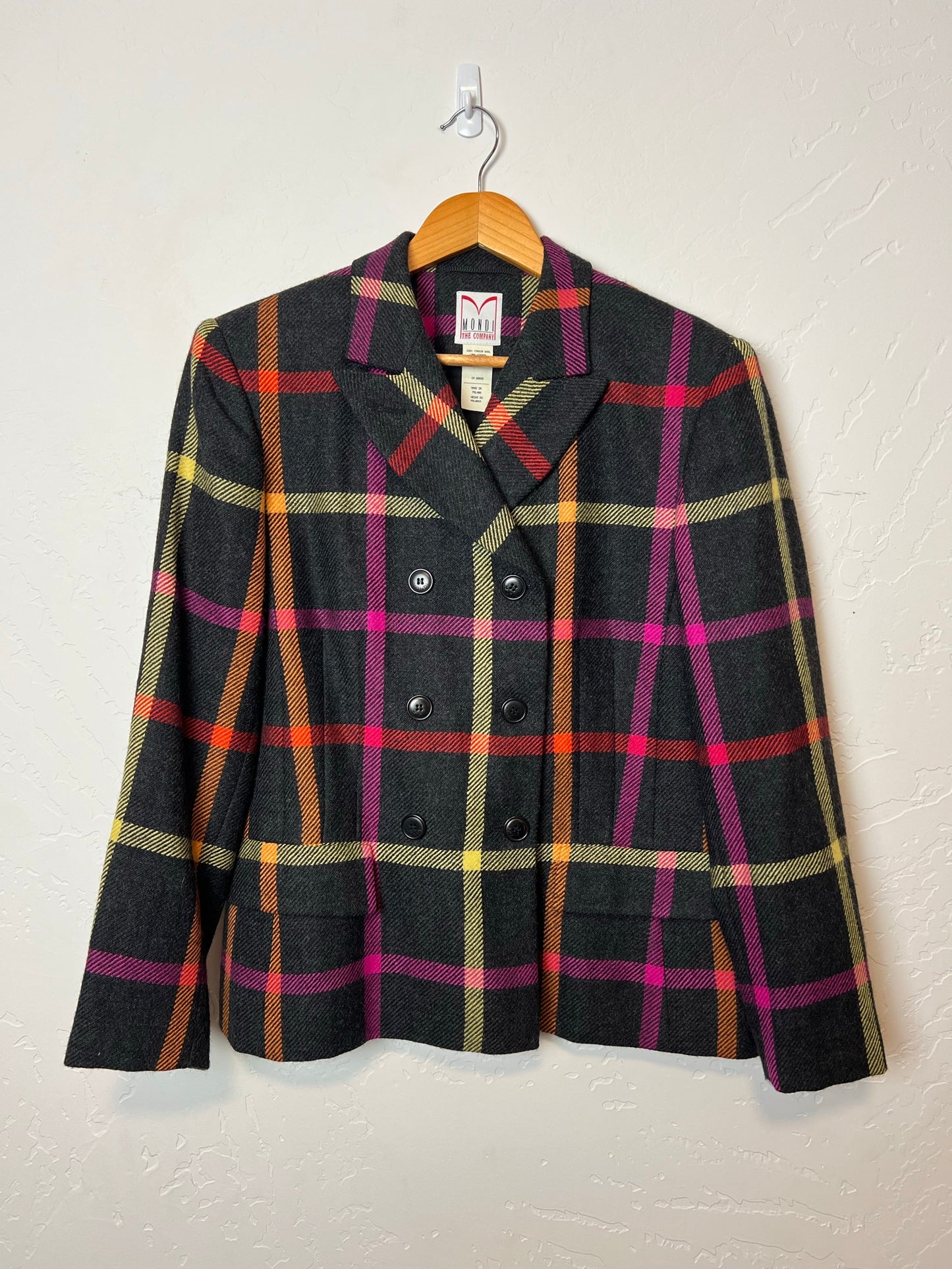 Mondi Multicolor Plaid Wool Double-Breasted Jacket - Size 40