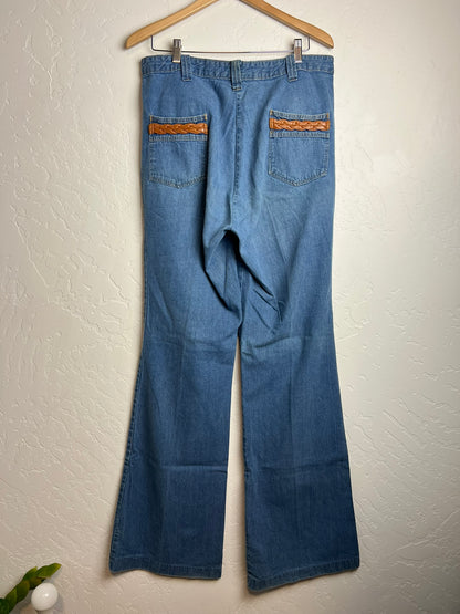 Vintage 70s Leather-Trim Bell Bottom Flares - 30