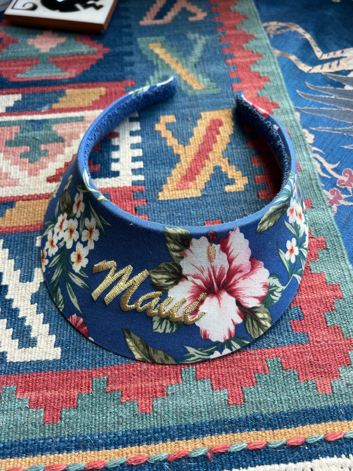 Vintage Maui Floral Sun Visor - Navy Blue Hawaiian Print