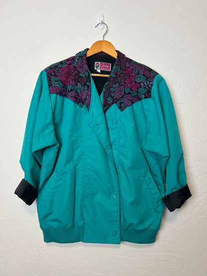 Cameo Rose Teal Bomber Jacket with Floral Lining - Size L