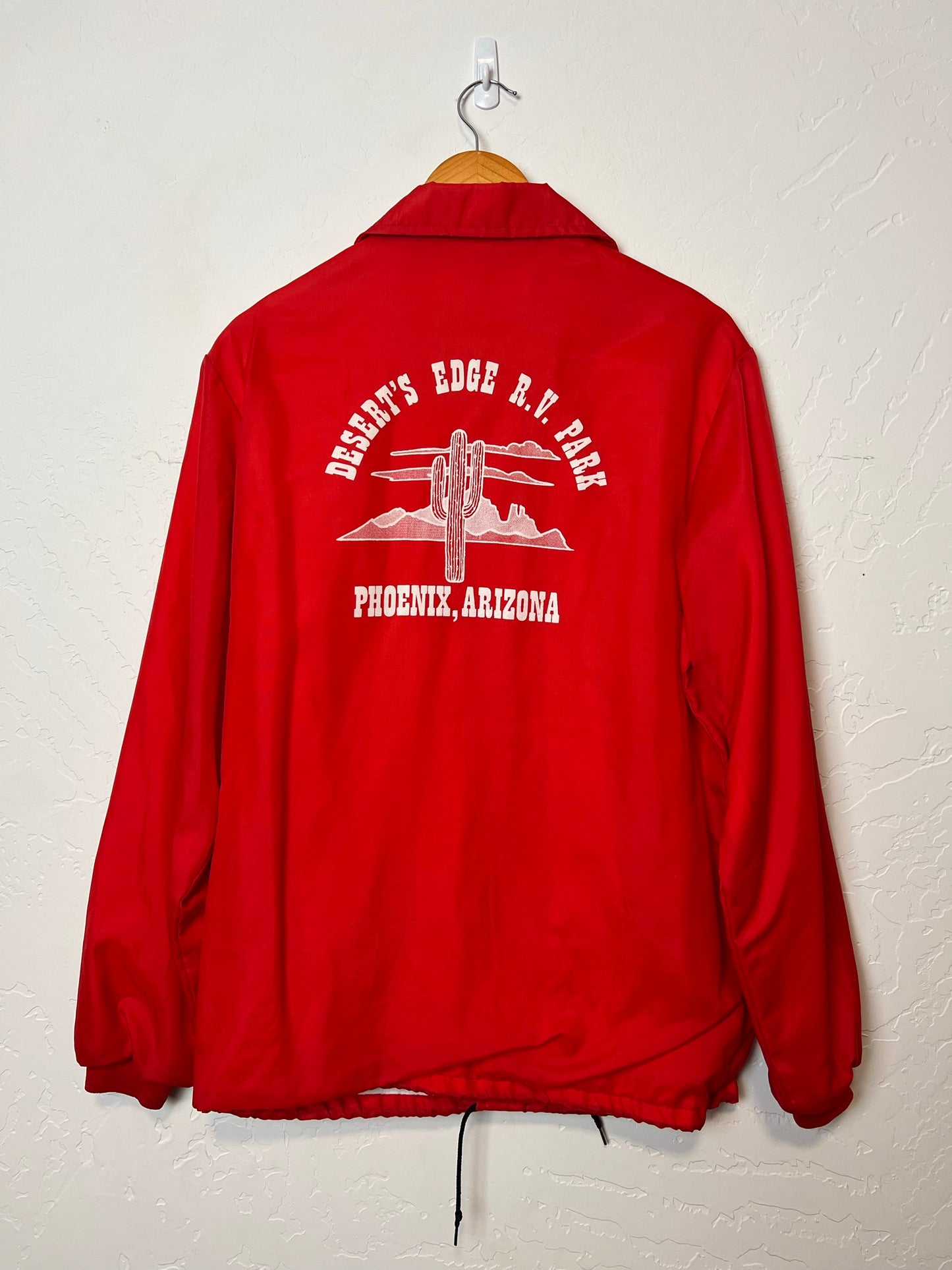 Red Nylon Windbreaker with Desert's Edge R.V. Park Print - Size M