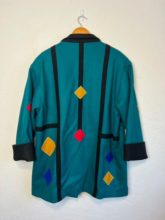 International Scene Teal Wool Coat with Colorful Diamonds - Size 11/12