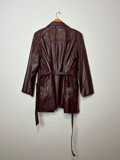 Classic Directions Burgundy Leather Belted Jacket - Size 16