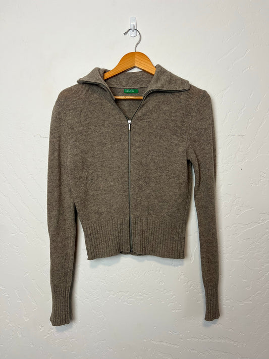 United Colors of Benetton Taupe Wool Zip Cardigan - Size M