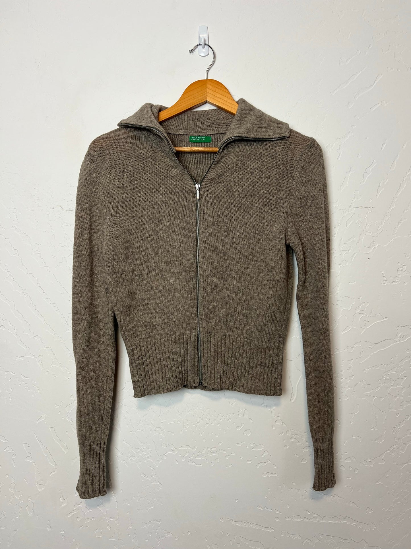 United Colors of Benetton Taupe Wool Zip Cardigan - Size M