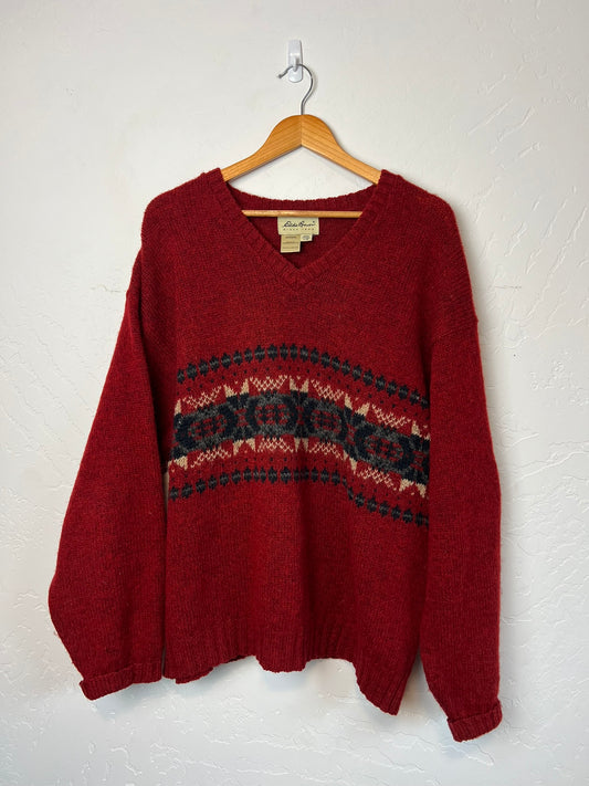 Eddie Bauer Wool V-Neck Sweater Southwest Pattern - L