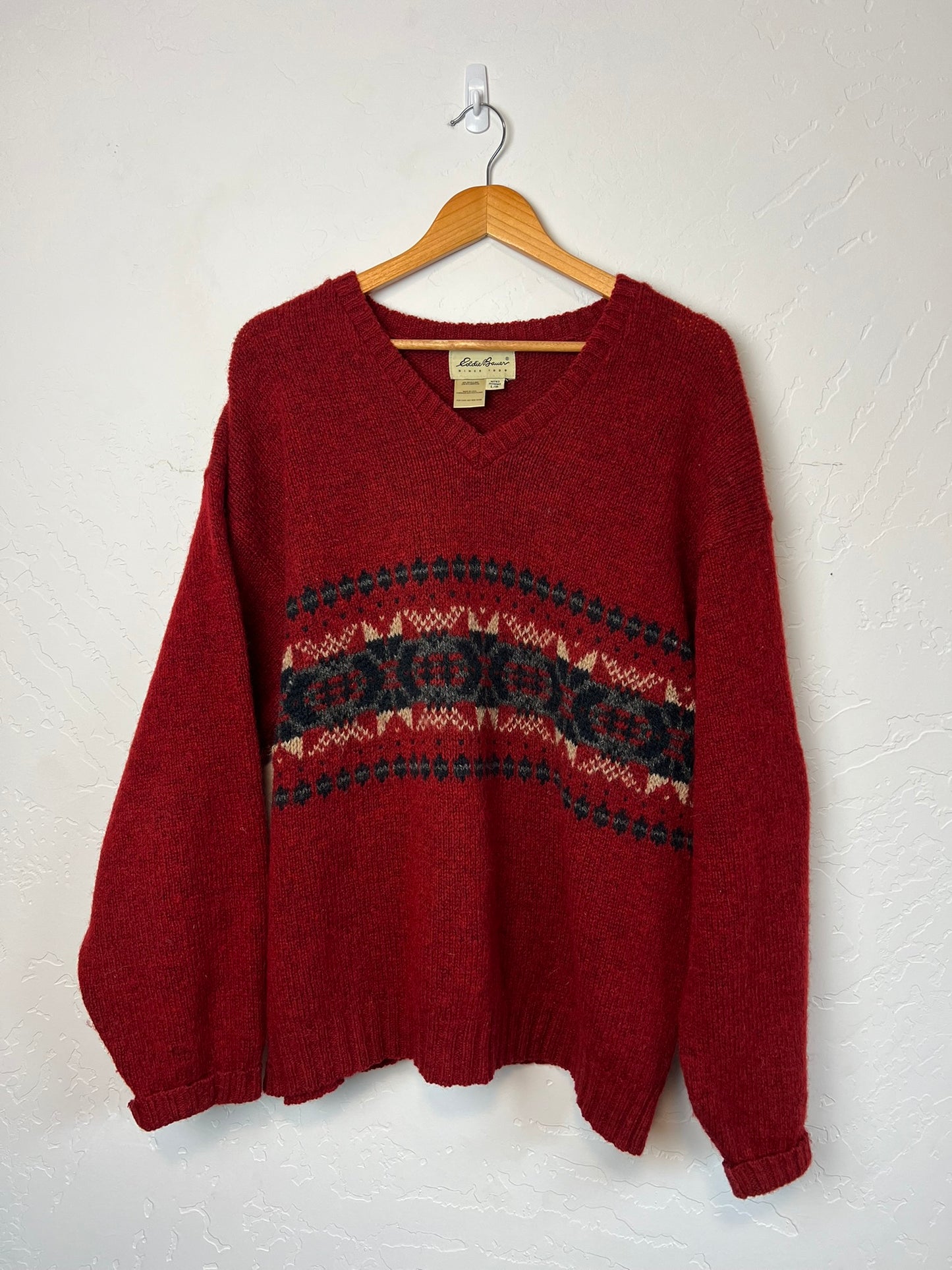 Eddie Bauer Wool V-Neck Sweater Southwest Pattern - L