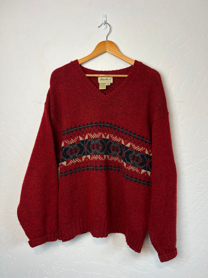 Eddie Bauer Wool V-Neck Sweater Southwest Pattern - L